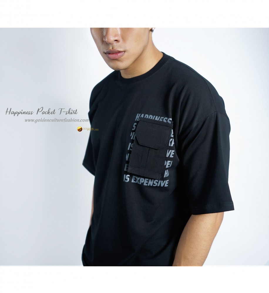 HAPPINESS IS EXPENSIVE Pockets Oversized T-Shirt (Black)